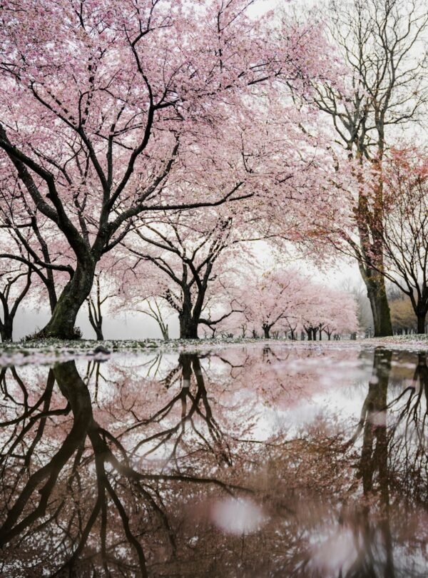 cherry blossom trees near river